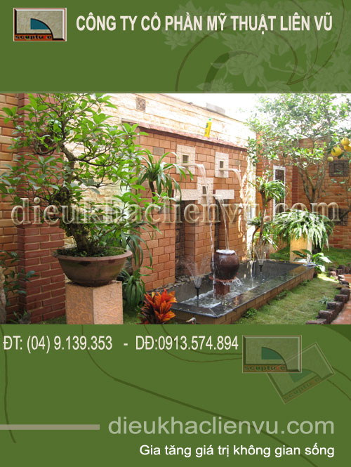 Tiểu cảnh đài nước thác tràn kết hợp phù điêu